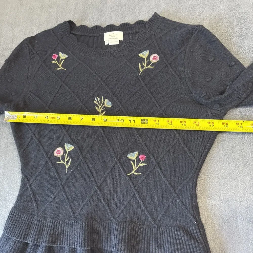 Kate Spade Embroidered Floral Peplum Sweater Small Black
